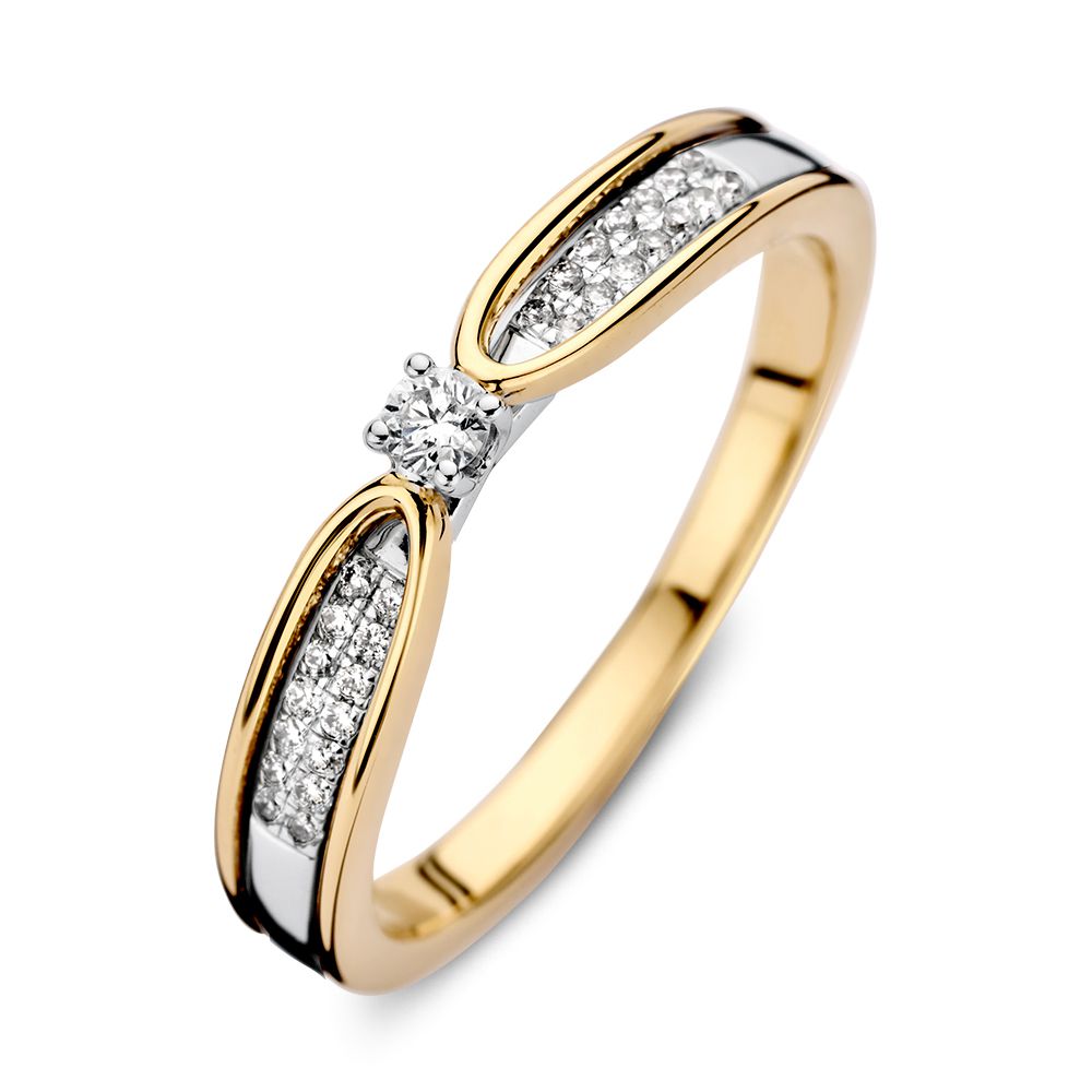 Bicolor Ring aus 14kt Gelb- und Weißgold mit Diamanten und auffälligem Mittelstein