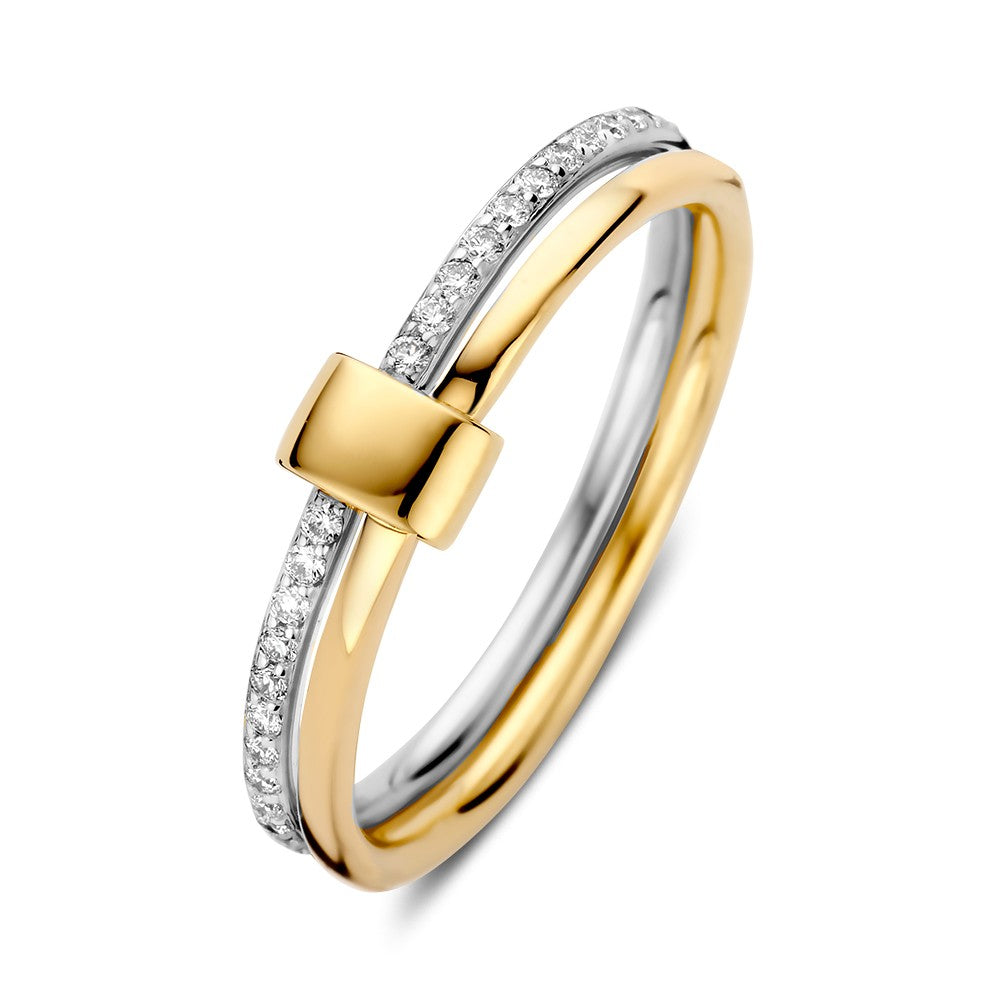 Bicolor Ring aus 14kt Gelb- und Weißgold mit 0,14ct Diamanten und glänzender Oberfläche