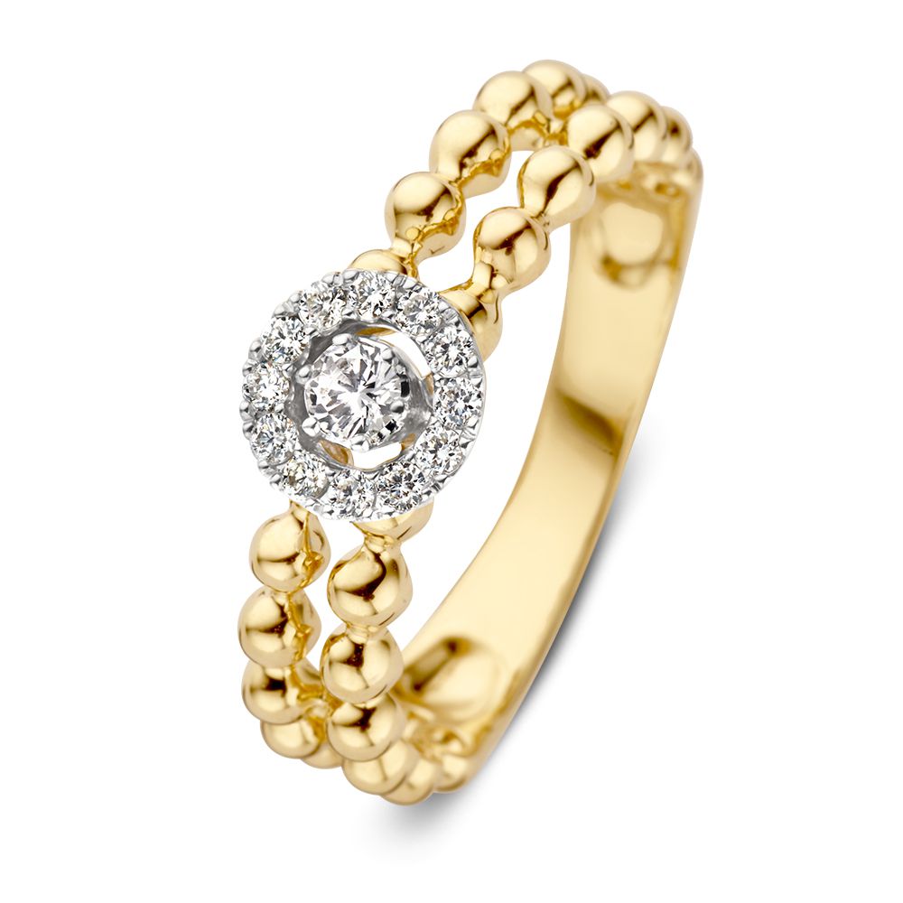 Stilvolle goldener Ring mit Diamanten und doppelter Reihe aus goldenen Kügelchen, 0,19 crt