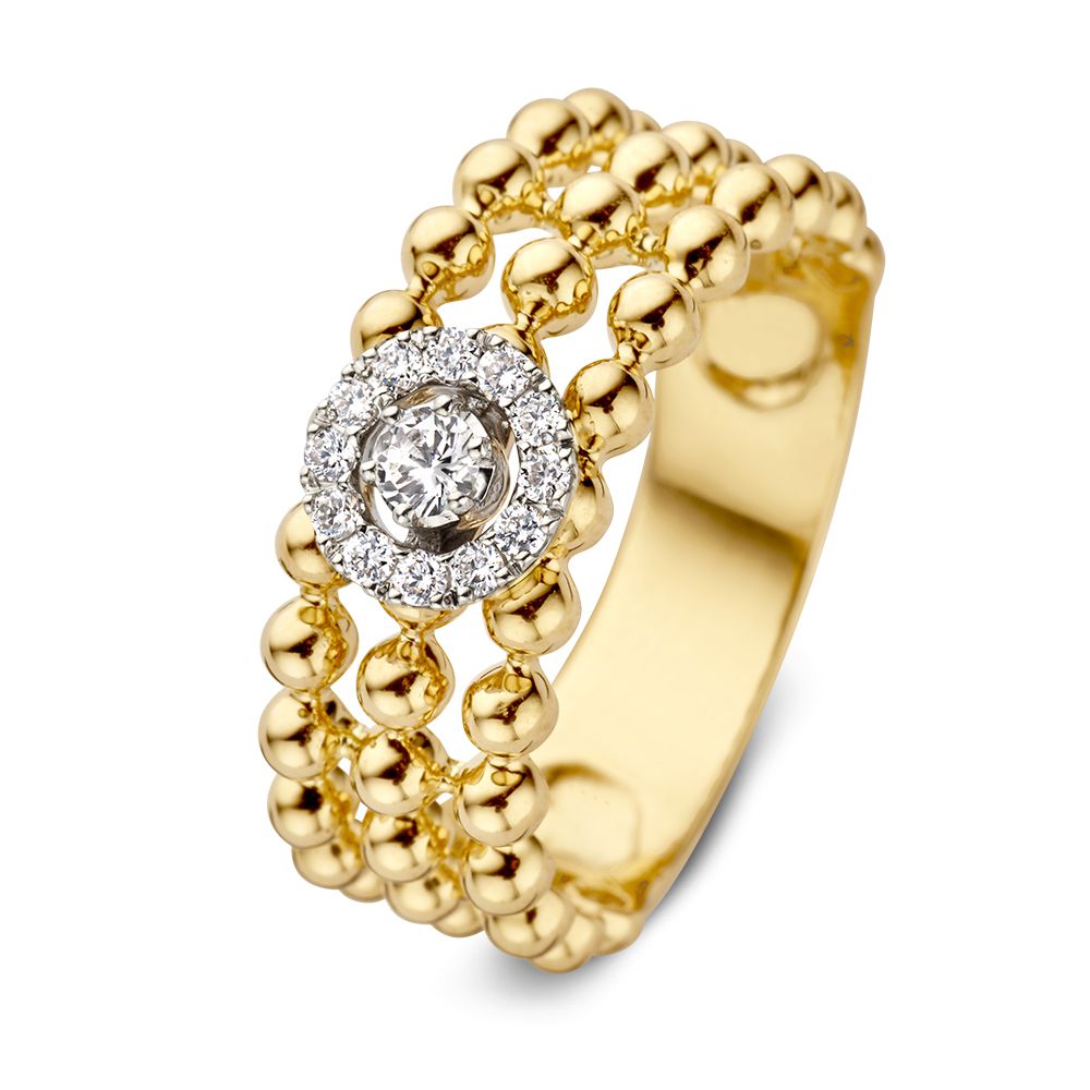 Stilvolle goldener Ring mit Diamanten und dreifacher Reihe aus goldenen Kügelchen