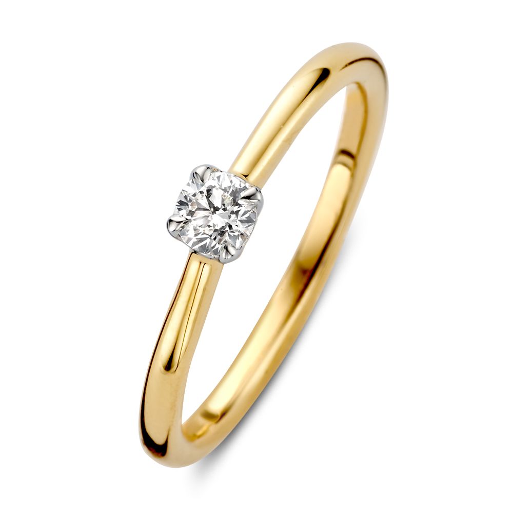 Bicolor Goldring mit brillantem Zirkon von 0,20 Karat und schmalem, glänzendem Band