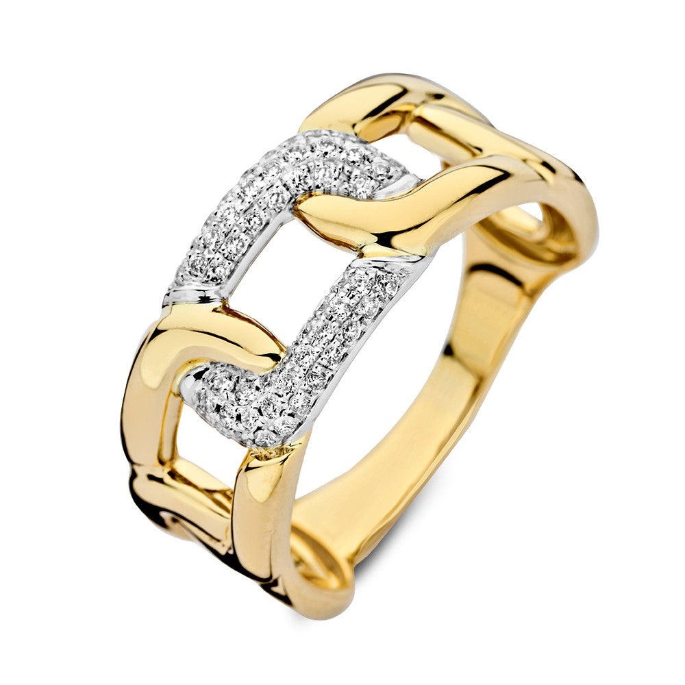 Bicolor Ring aus Gold mit Brillanten, 0,20 Karat, in geschwungener Form und glänzender Oberfläche