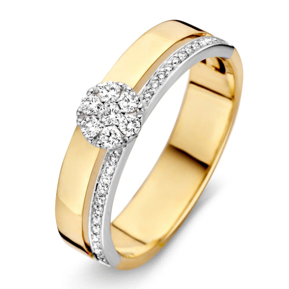 Bicolor Ring aus Weiß- und Gelbgold mit Diamanten Rosette und glänzender Oberfläche