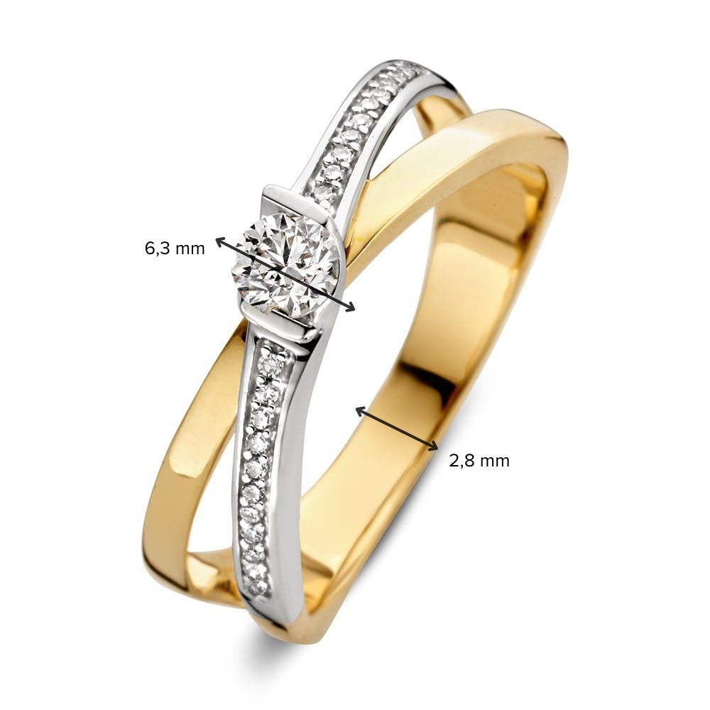 Bicolor Gelb- und Weißgoldring mit Diamanten – 0,22 ct Brillant und 22 kleine Diamanten