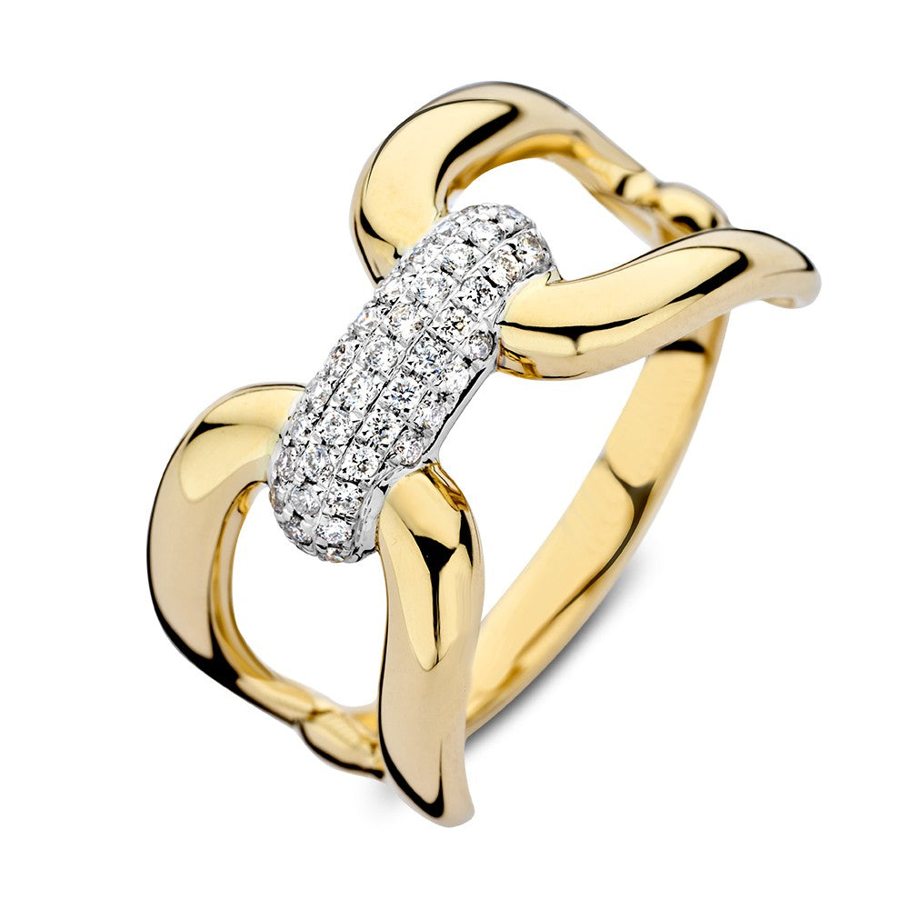 Bicolor Ring aus Gelb- und Weißgold mit Brillanten – 0,22 ct, geschwungene Form und glänzende Oberfläche