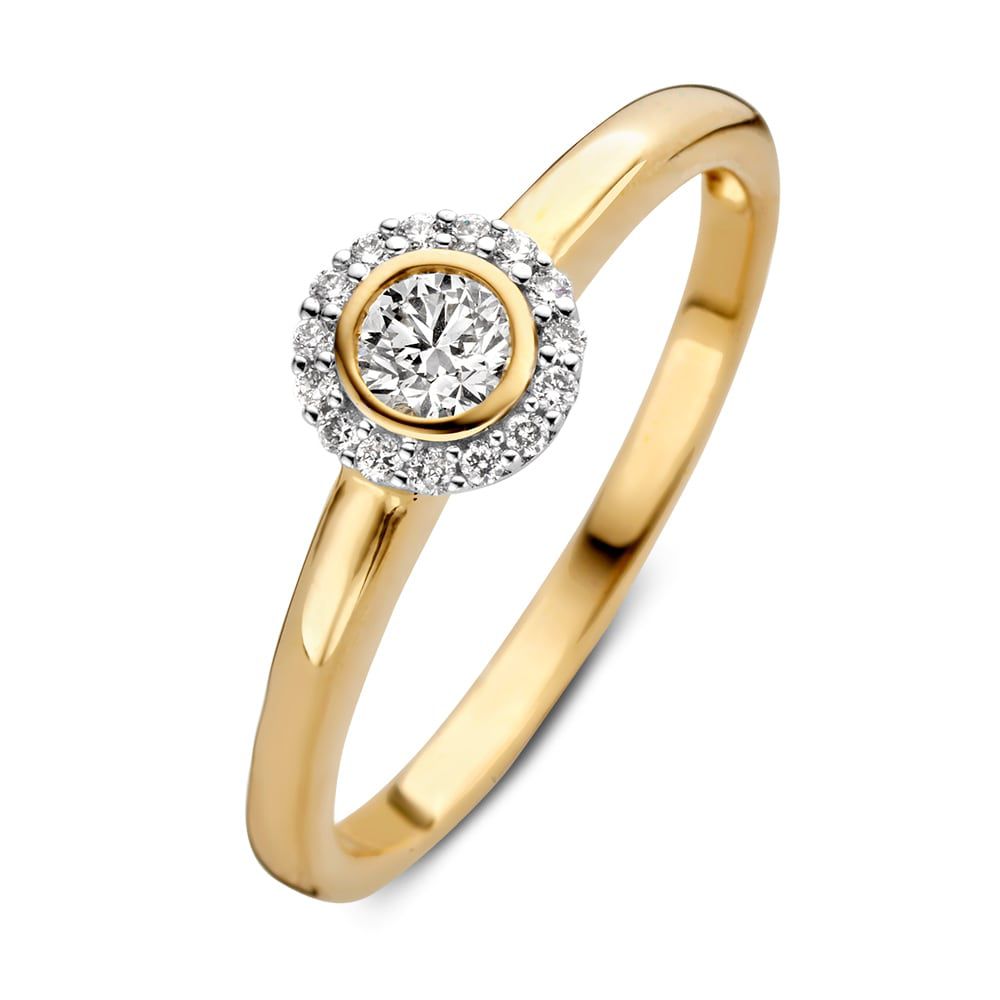 Eleganter gelbgoldener Ring mit einem zentralen Diamanten und einem Kranz aus kleineren Diamanten