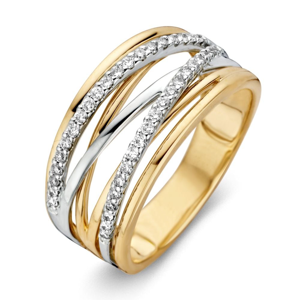 Bicolor Ring aus 14-Karat Gold mit Diamanten, glänzende Oberfläche und geschwungene Linien