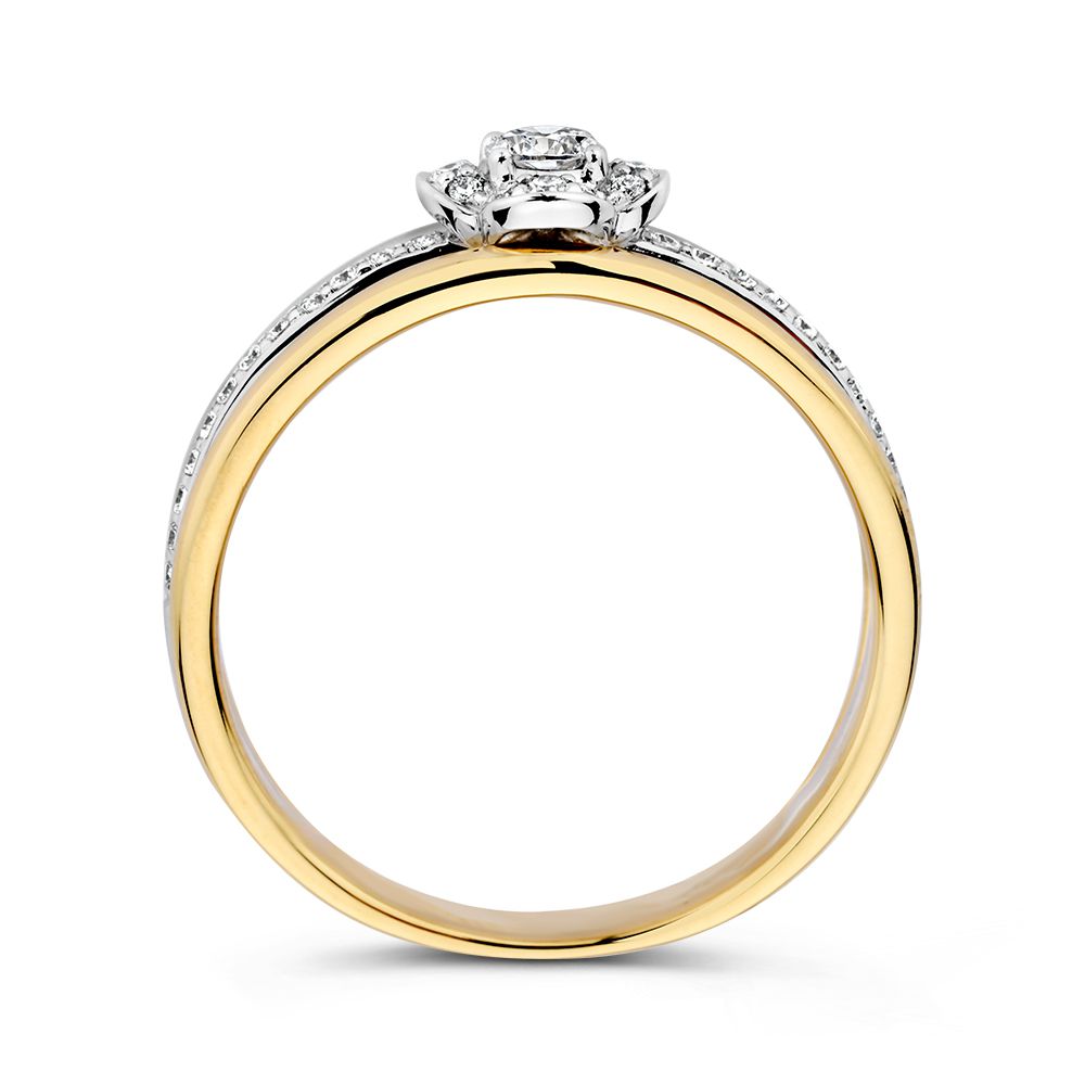 Bicolor Gelb/Weißgold Damenring mit Diamantblütenfassung – 0,28 ct Diamanten, 14 Karat