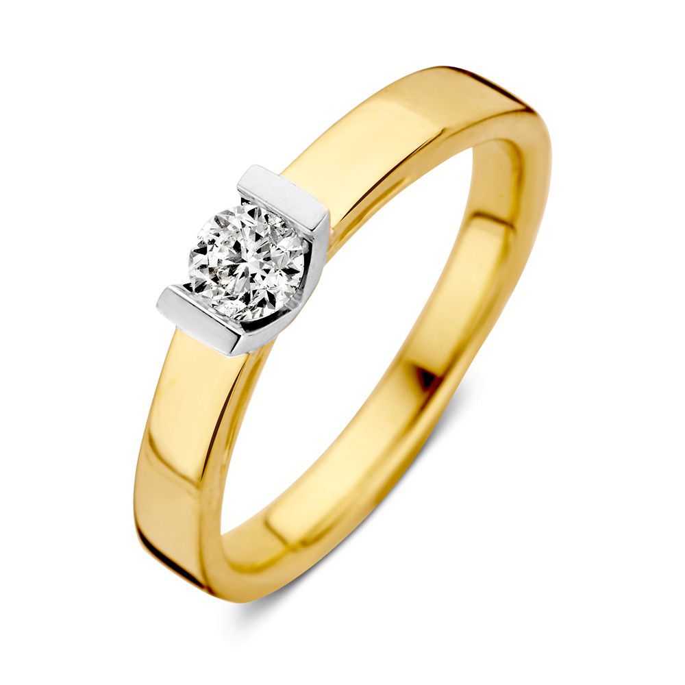 Bicolor Ring aus Gelbgold mit weißgoldener Fassung und brillantgeschliffenem 0,30 ct Diamanten