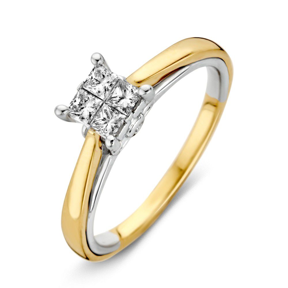 Ring aus 14-karätigem Gold mit vier Diamanten in Princess-Schliff und glänzendem, zweifarbigem Design