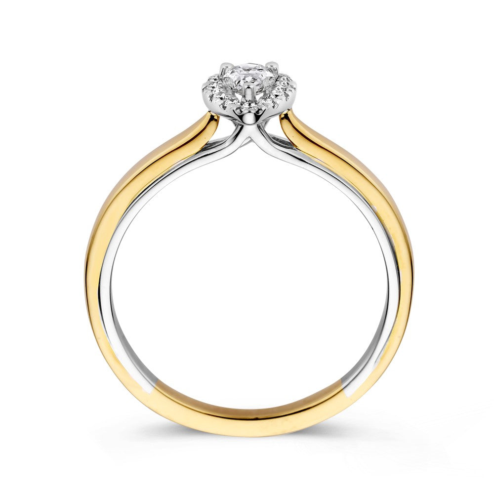 14k Bicolor Goldring mit birnenförmigem Diamanten in Entourage-Fassung