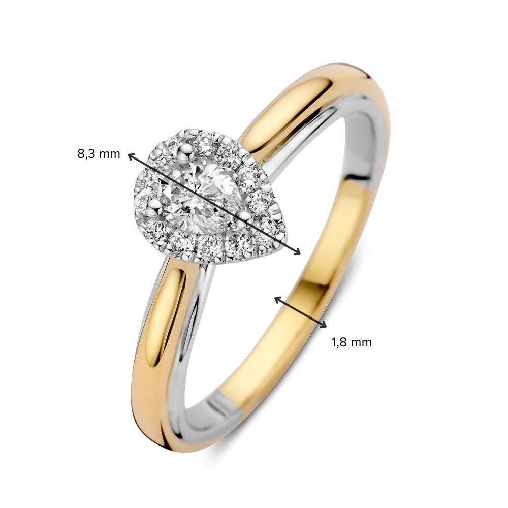 14k Bicolor Goldring mit birnenförmigem Diamanten in Entourage-Fassung