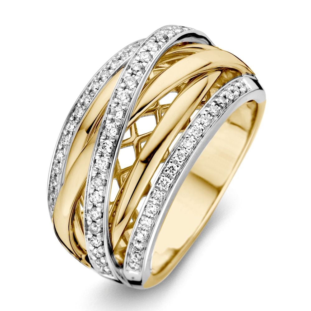 Bicolor Goldring mit brillanten Diamantakzenten und geflochtenem Design