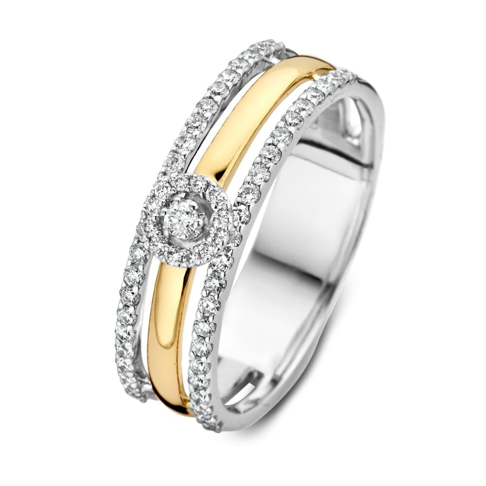 Breite Damenring mit Solitär-Effekt, zwei anschmiegsamen Ringen und 0,37 ct Diamanten