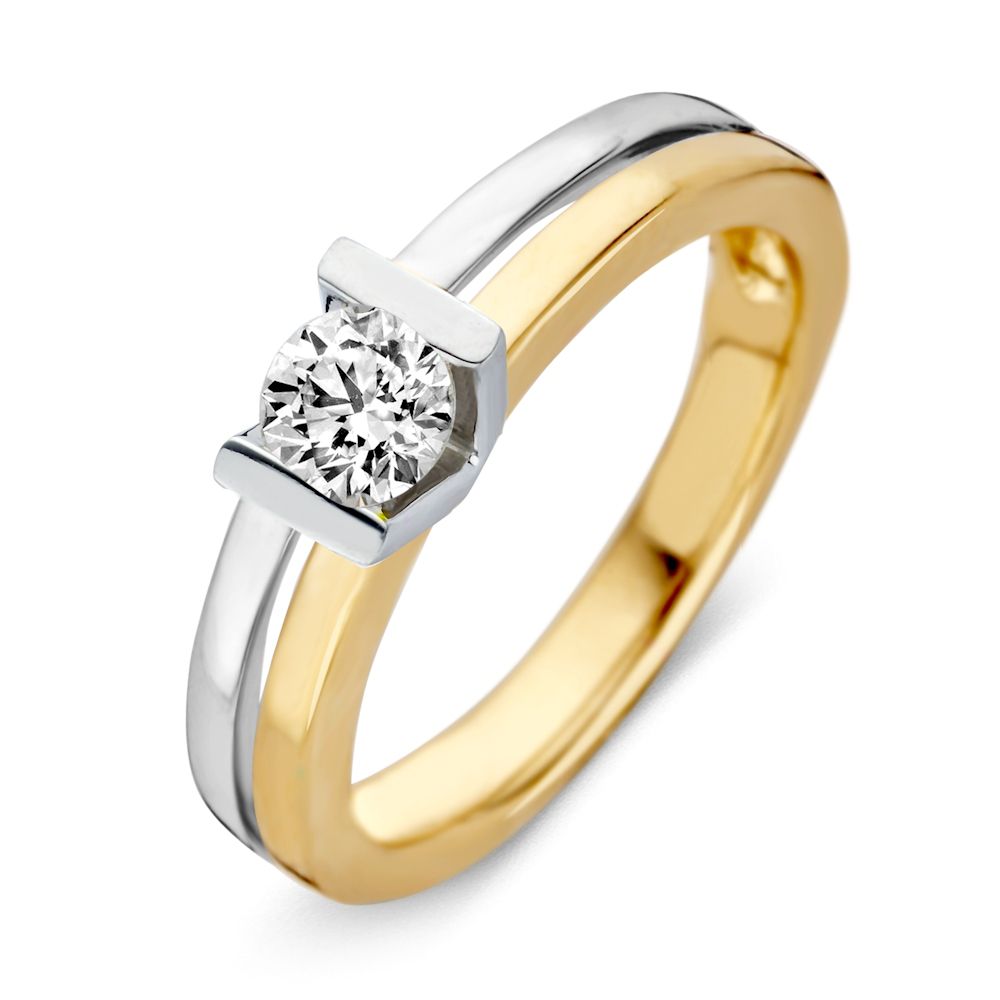 Bicolor Ring aus 14 Karat Gold mit einem runden Diamanten von 0,41 ct in der Mitte