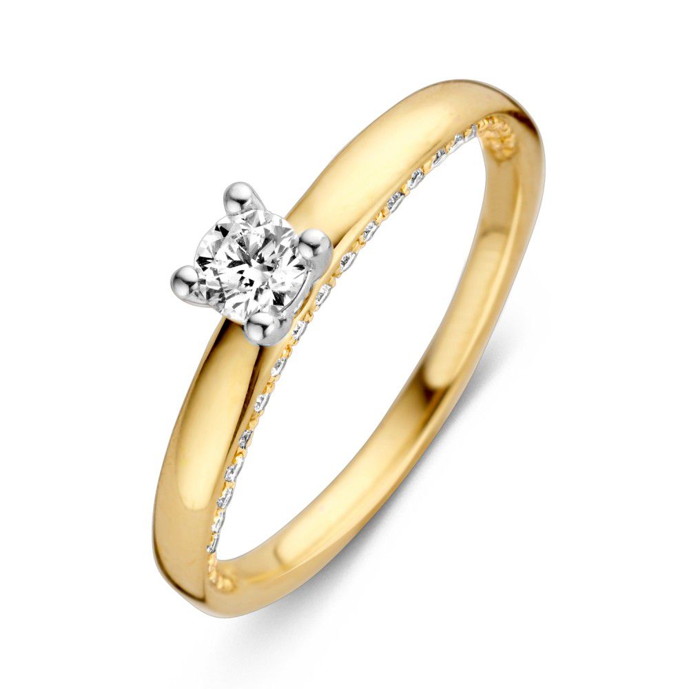 Bicolor Ring mit brillantem 0,44 ct. und gelbem Gold, schmalem Band und funkelnden Details