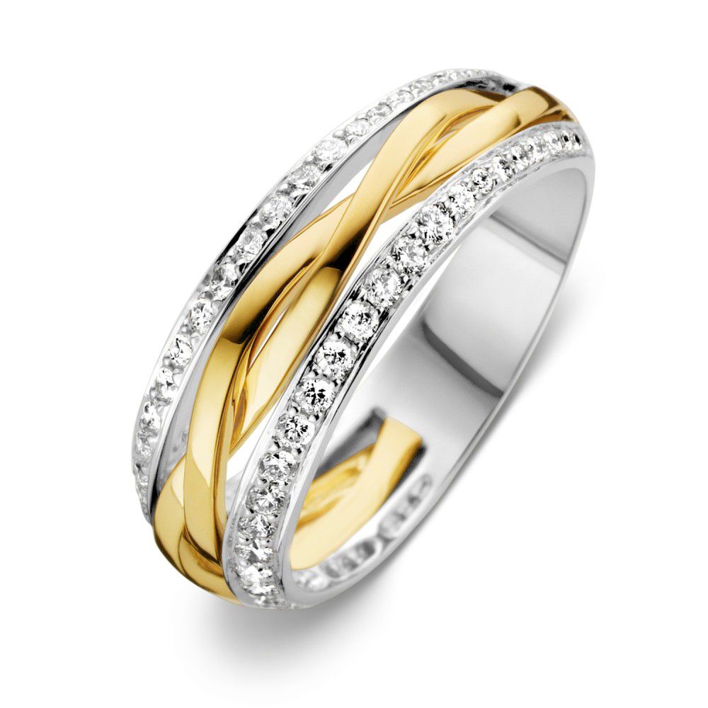 Bicolor Damenring aus Weiß- und Gelbgold mit 0,47 ct Brillant, geflochtenes Design und funkelnden Steinen