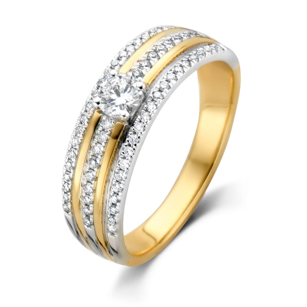 Bicolor Damenring aus Weiß- und Gelbgold mit Brillant (0,47 ct) und kleinen Diamanten am Ringband