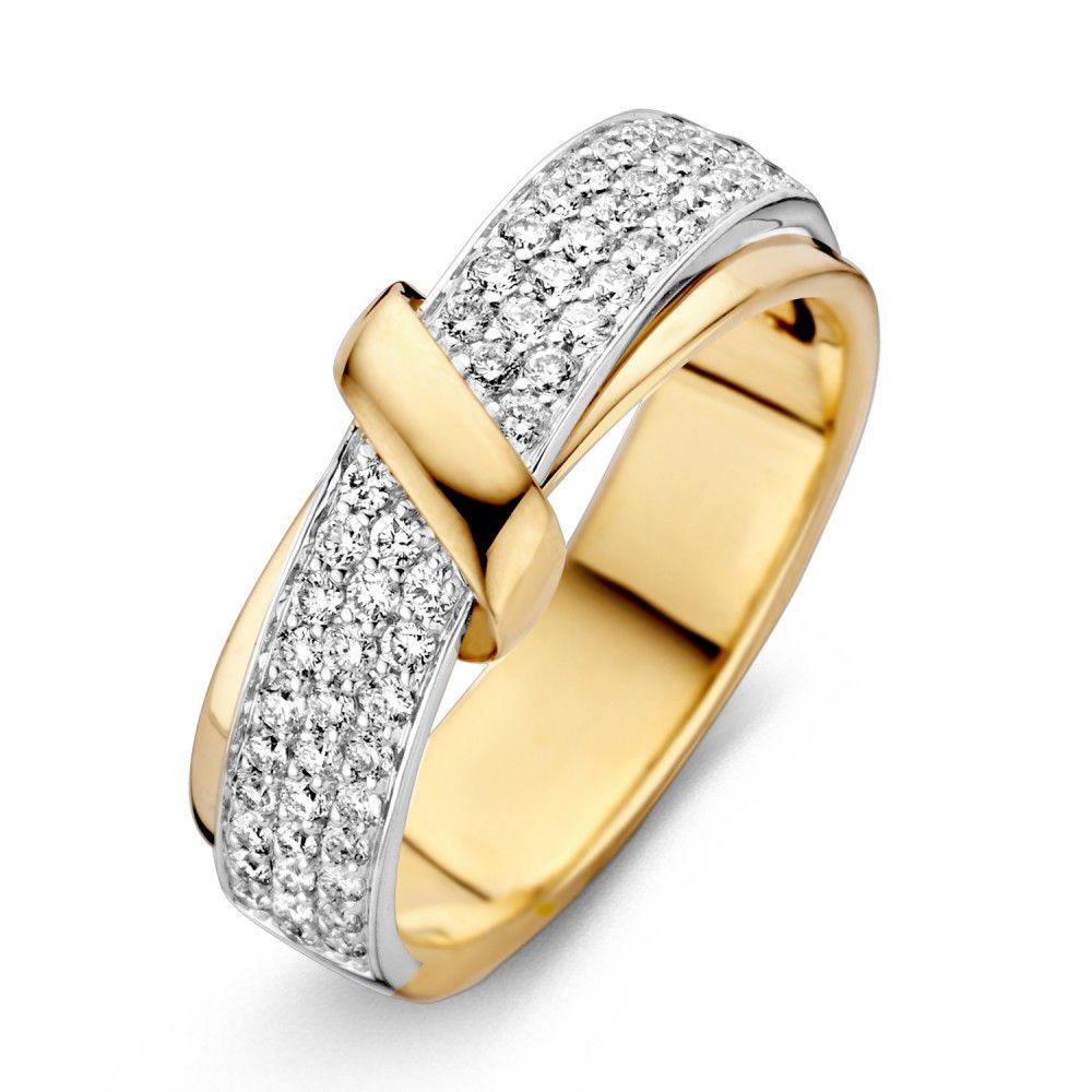 Bicolor Damenring aus 14 Karat Gelb- und Weißgold mit 0,49 Karat Diamanten, glänzende Oberfläche