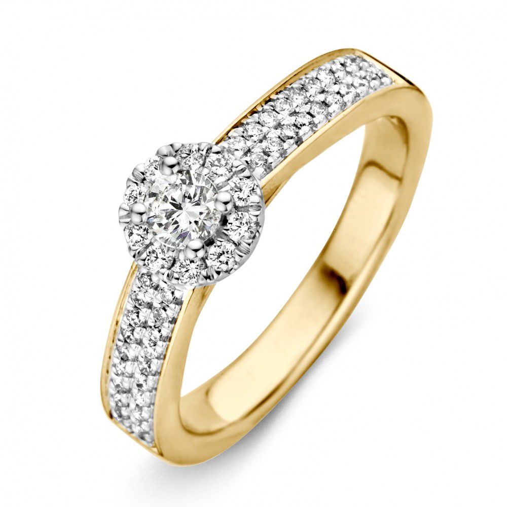 Bicolor Damenring aus Gelbgold und Weißgold mit rundem Diamant und kleinen Steinen am Band