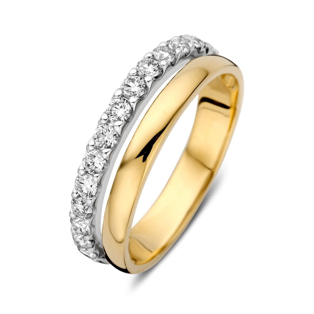 Bicolor Ring mit Brillanten, 0,58 ct, mit gelbem und weißem Gold, glatte Oberfläche und funkelnde Steine.