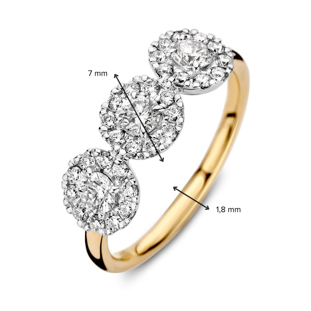 Bicolor-Gold Dreisteinring mit Diamanten 0.81ct H/SI-1 14 Karat