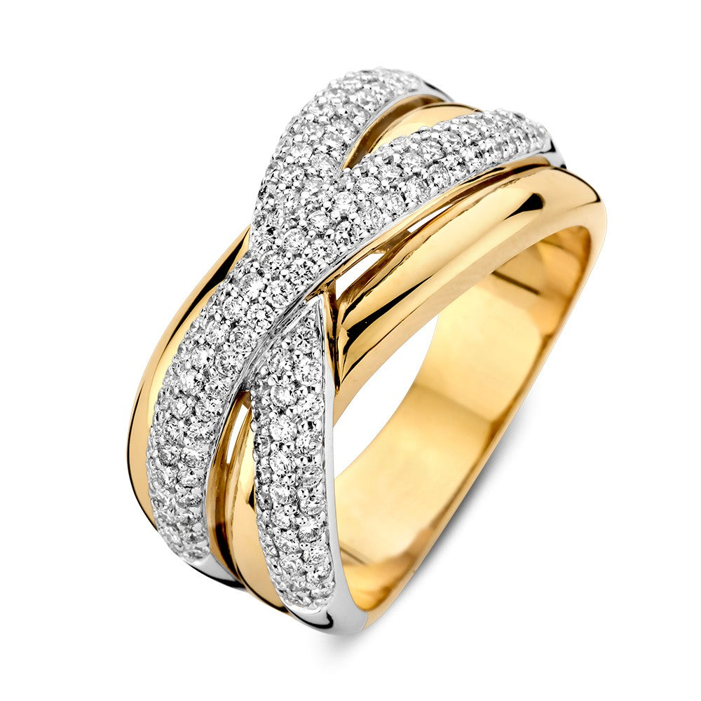 Bicolor Ring aus Weiß- und Gelbgold mit funkelnden Diamanten in verspielten Crossover-Bahnen