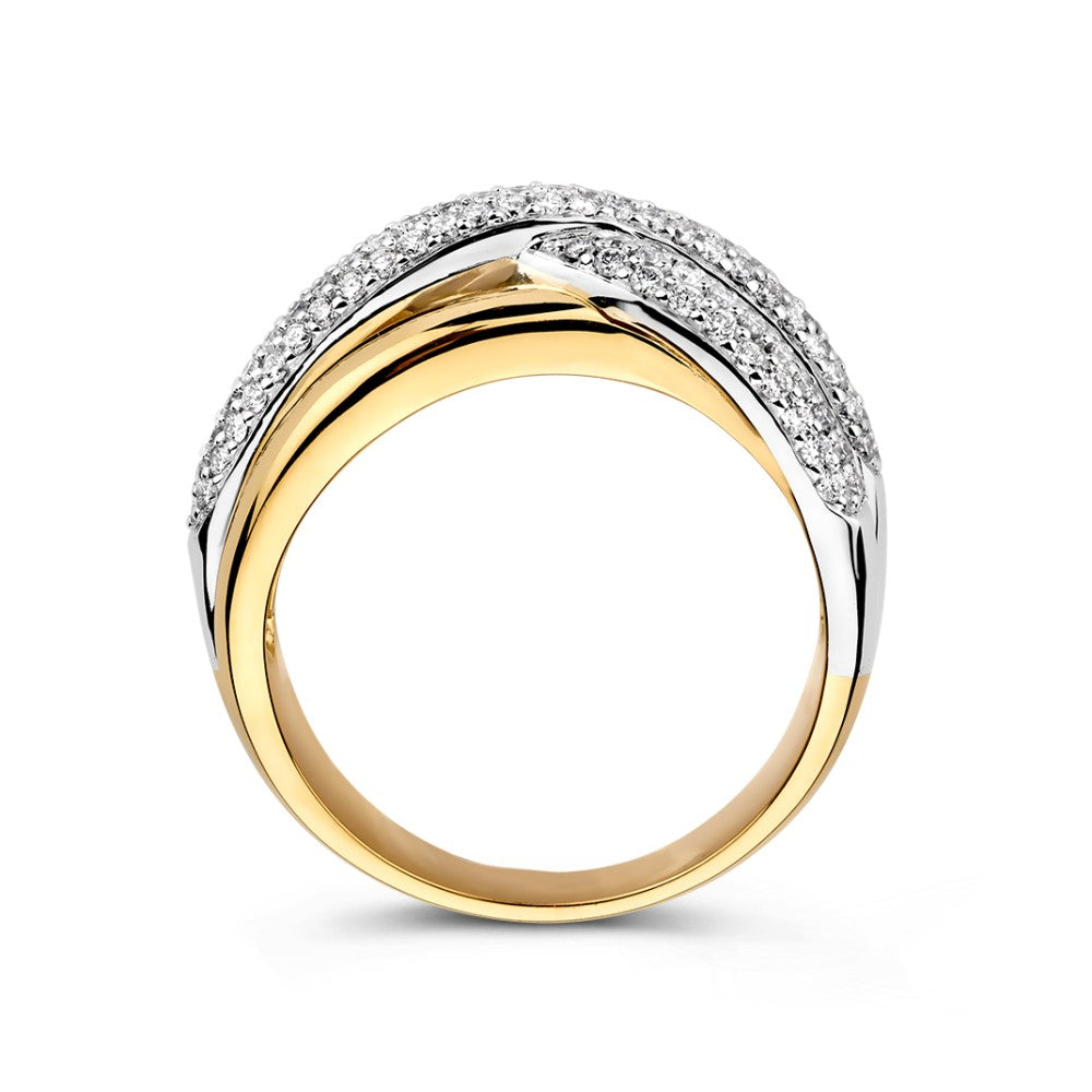 Bicolor Weiß- und Gelbgoldring mit Diamanten in verspielten Crossover-Bändern