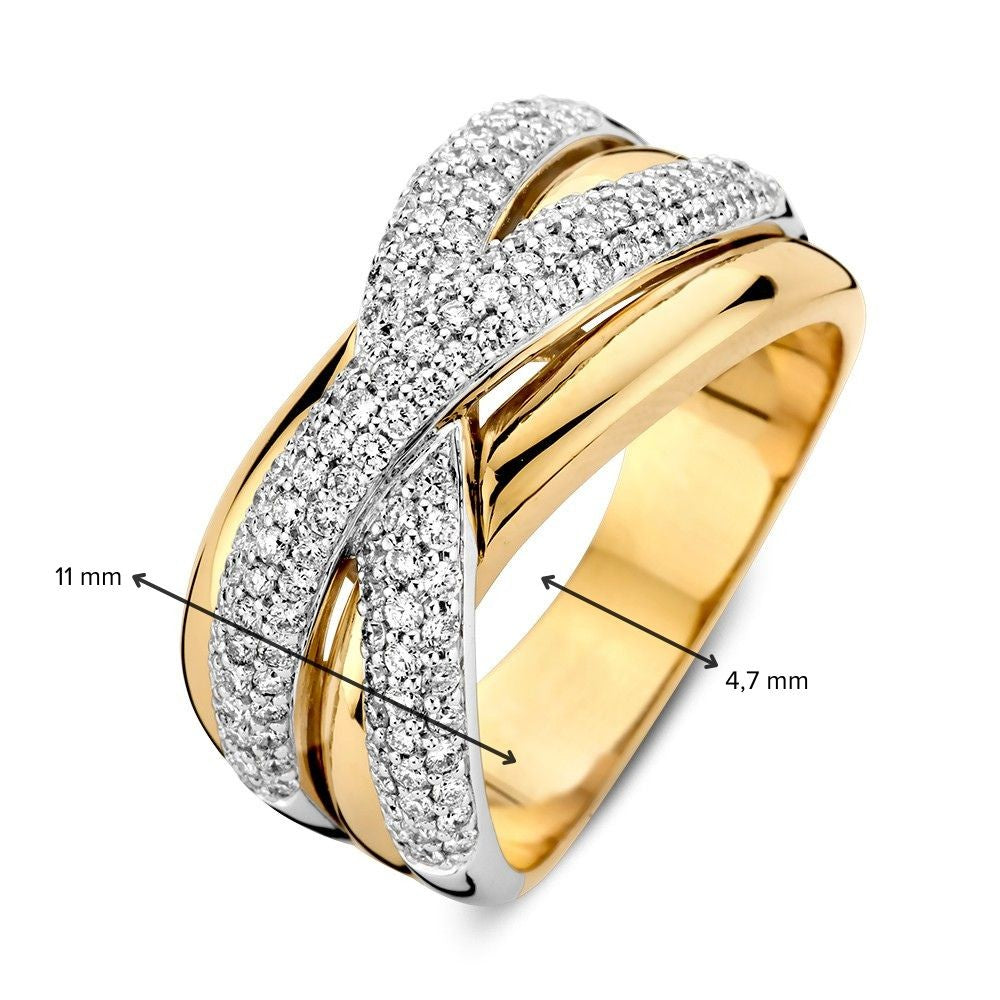 Bicolor Weiß- und Gelbgoldring mit Diamanten in verspielten Crossover-Bändern