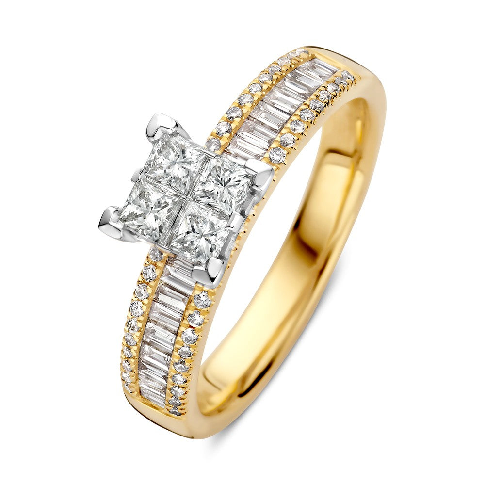 Bicolor Ring mit zwei quadratischen Brillanten und baguetteförmigen Zirkonia auf gelbem Goldband