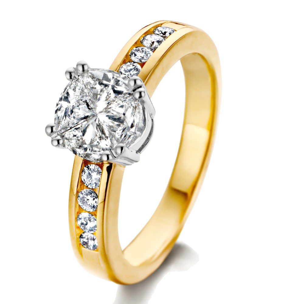 Bicolor Damenring aus 14 Karat Gold mit Diamant in Illusionsfassung und weiteren Steinen