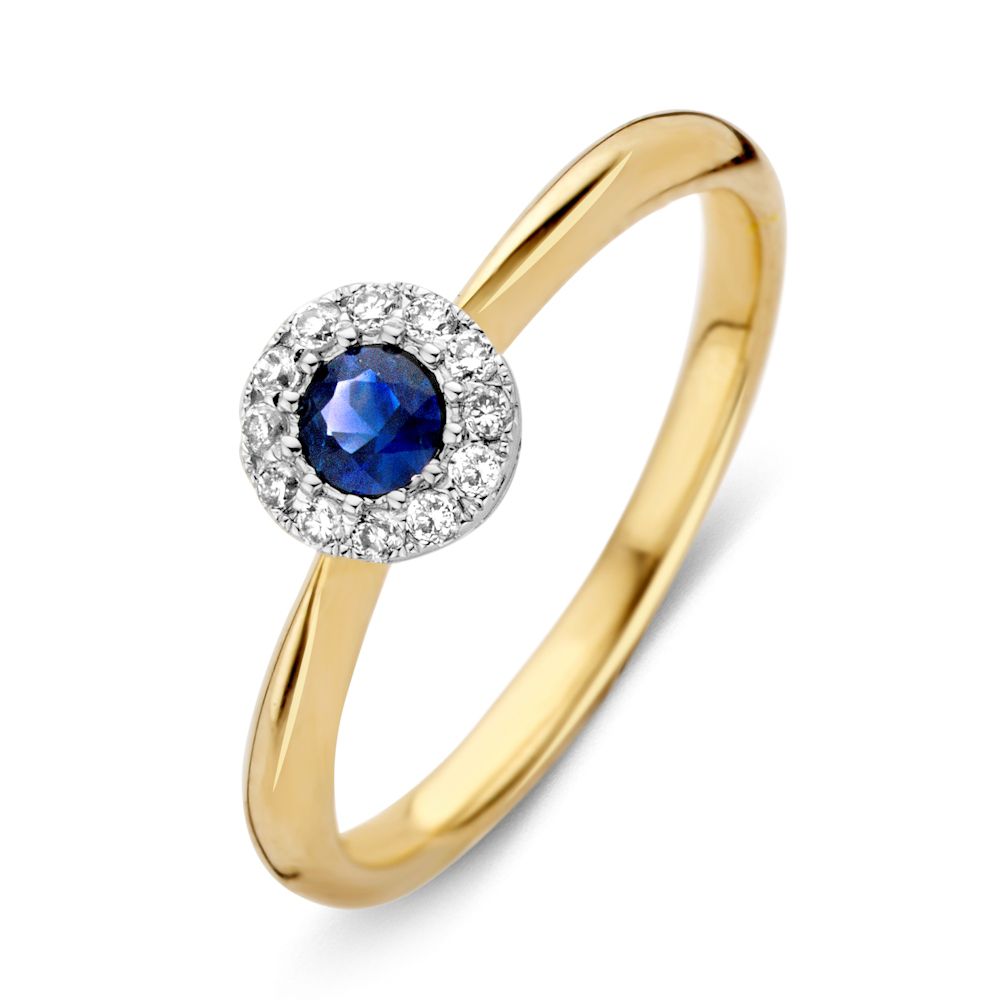 Damenring aus 14-karätigem Gold mit blauem Saphir und Diamanten im runden Design
