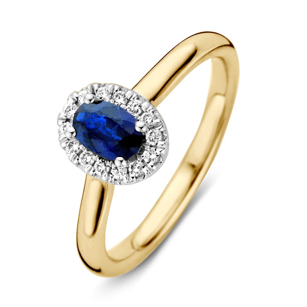 Damenring aus 14-karätigem Gold mit blauem Saphir und Diamanten-Halo