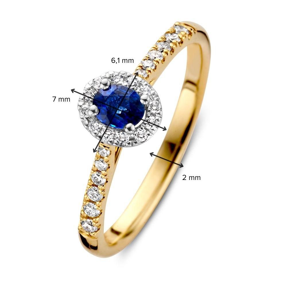 14-karätiger Bicolor-Gold-Damenring mit blauem ovalem Saphir und Diamant-Halo