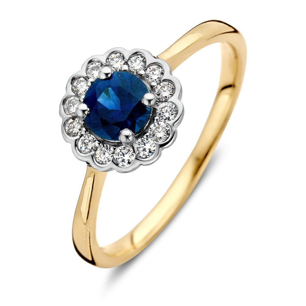 Klassischer goldener Entourage-Ring mit rundem blauen Saphir und 0,18 ct Diamanten