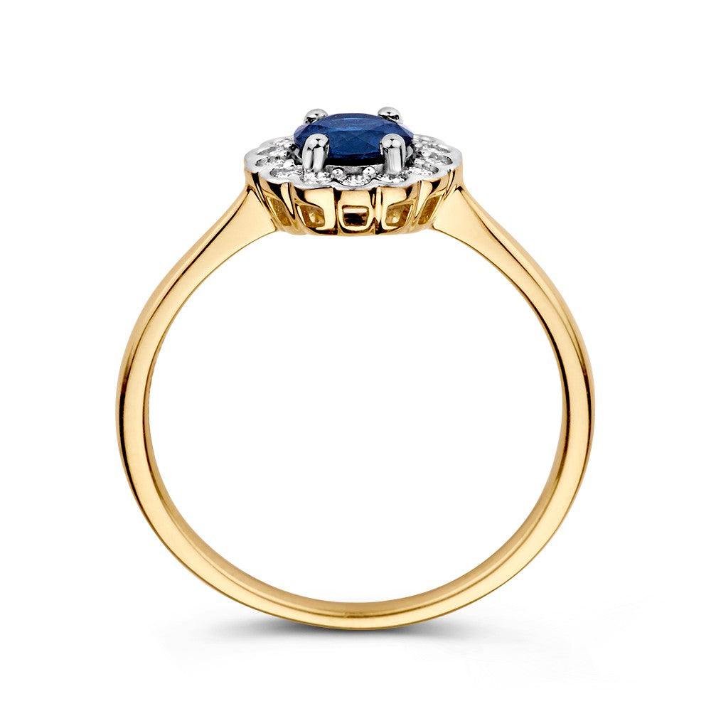 Klassischer Gold-Entourage-Ring mit rundem blauen Saphir und 0,18 ct Diamanten