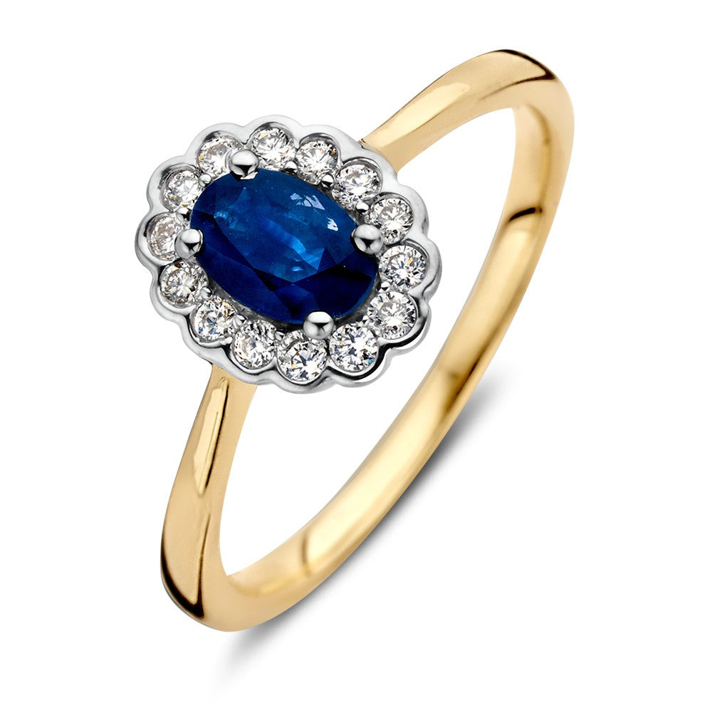 Klassischer goldener Entourage-Ring mit ovalem blauen Saphir und 0,18 ct Diamanten