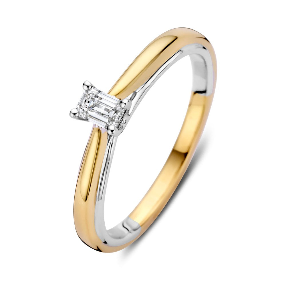 Solitärring aus 14k Bicolor-Gold mit einem smaragdschliff Diamanten von 0,22 ct