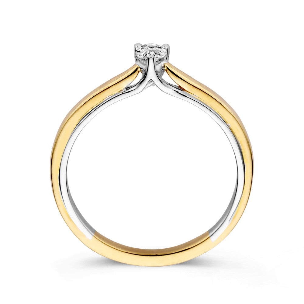 14k Gold Bicolor Solitärring mit tropfenförmigem Diamant 0.23ct