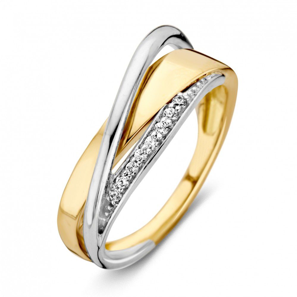 Bicolor Damenring aus 14 Karat Gold mit weißen Zirkonia und 7,9 mm Breite