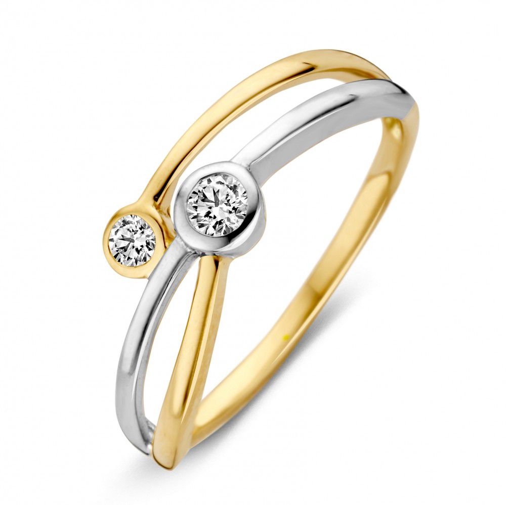 Bicolor Damenring aus 14 Karat Gold mit zwei weißen Zirkonia und geschwungener Form
