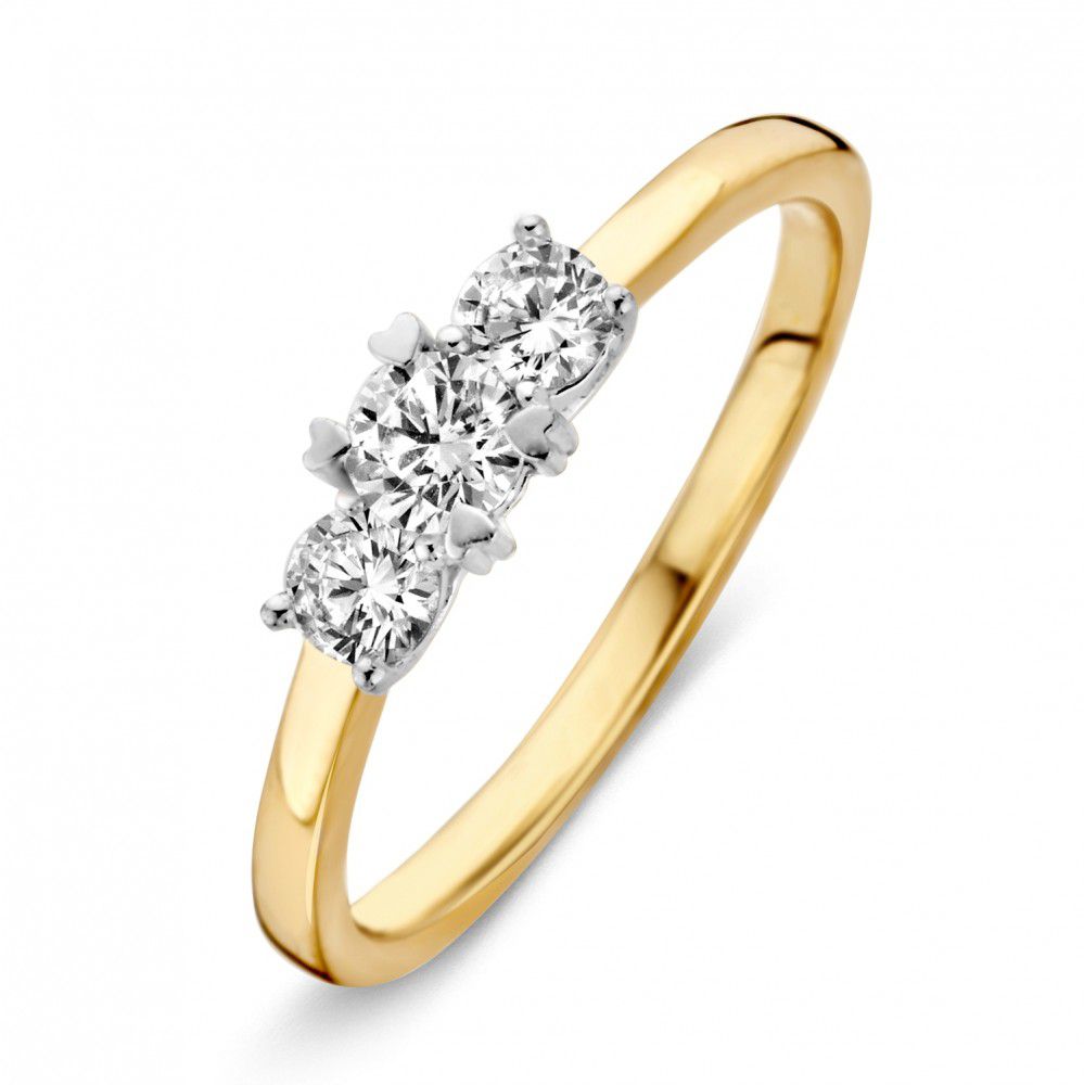 Bicolor Damenring aus 14 Karat Gold mit drei weißen Zirkonia von 4,6 mm