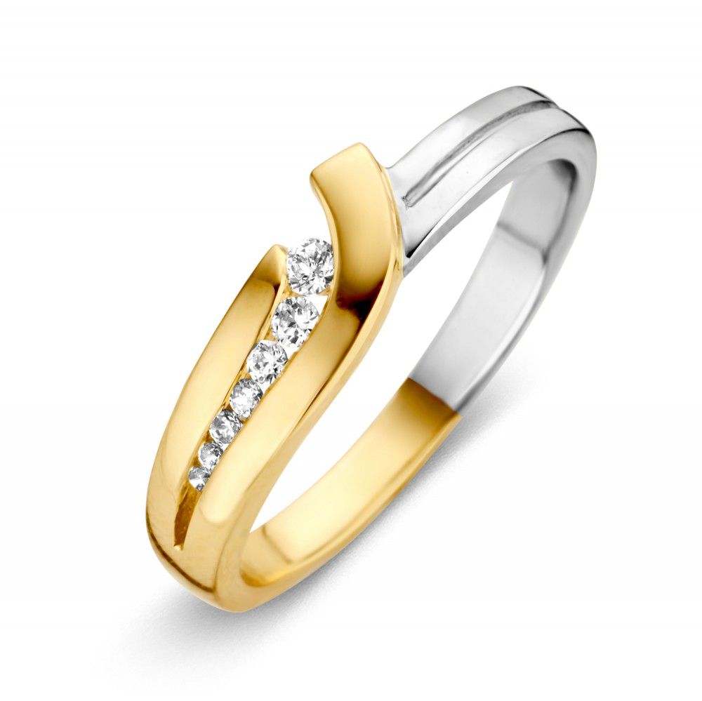 Bicolor Ring aus 14 Karat Gelb- und Weißgold mit Zirkonia-Steinen in geschwungener Form