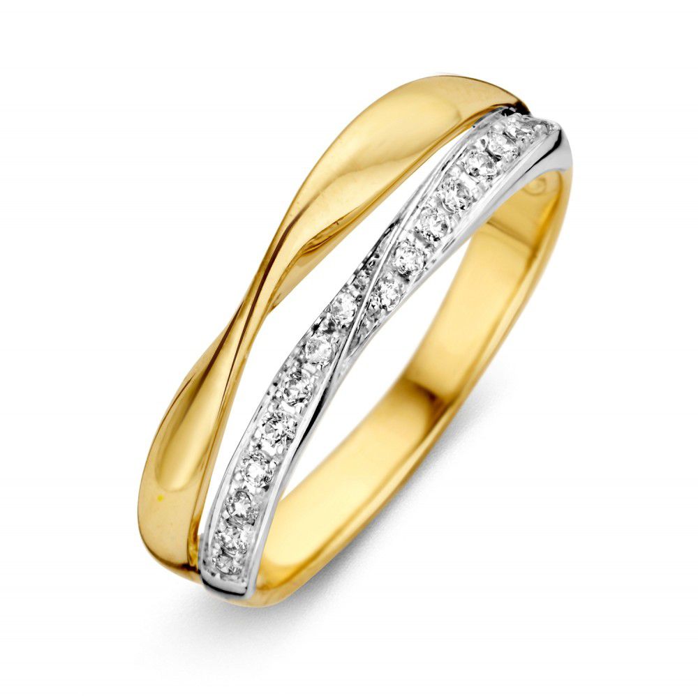 Ring aus 14 Karat Gelb- und Weißgold mit Zirkonia-Steinen in geschwungener Form