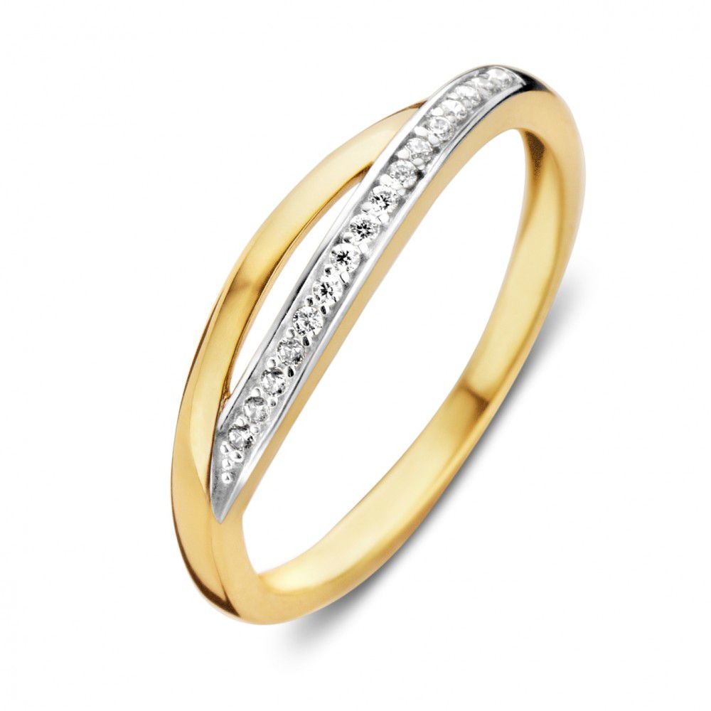 Bicolor Ring aus 14 Karat Gold mit weißen Zirkonia, 4,4 mm breit und geschwungener Form
