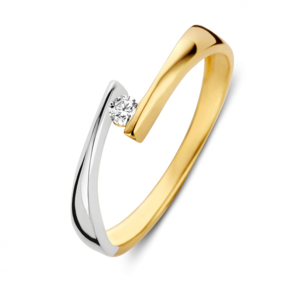 Bicolor Ring aus 14 Karat Weiß- und Gelbgold mit weißem Zirkonia, 5 mm breit
