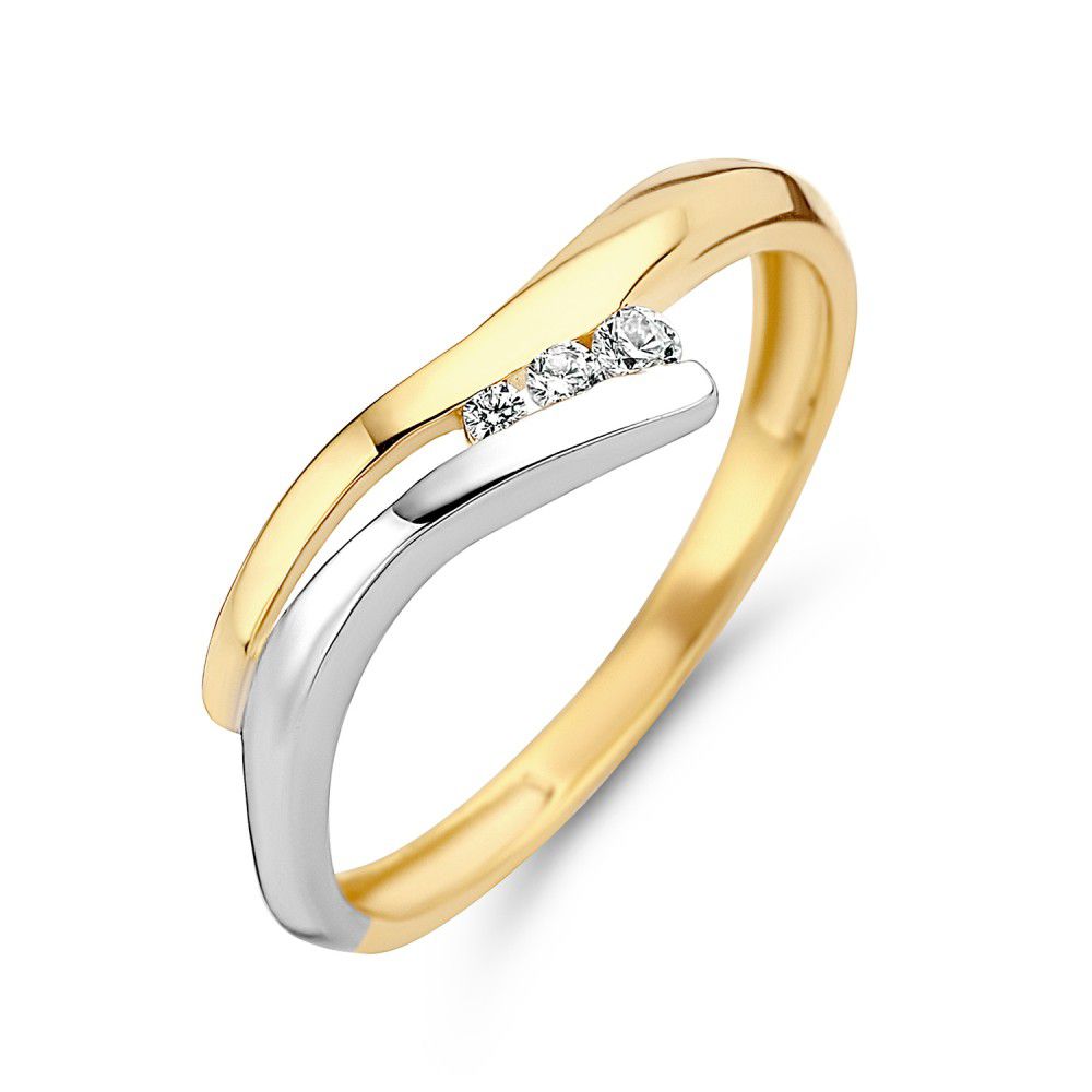 Bicolor Ring aus 14 Karat Gold mit drei weißen Zirkonia und geschwungenem Design