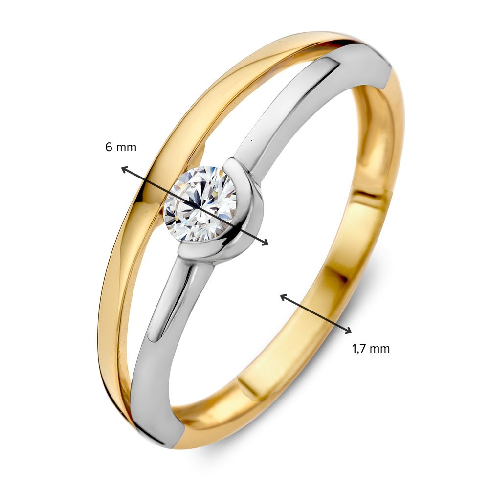 Bicolor Gelb- und Weißgold Damenring mit strahlendem Zirkonia | 14 Karat Gold | Eleganter 6 mm breiter Ring | Moderner Luxusschmuck