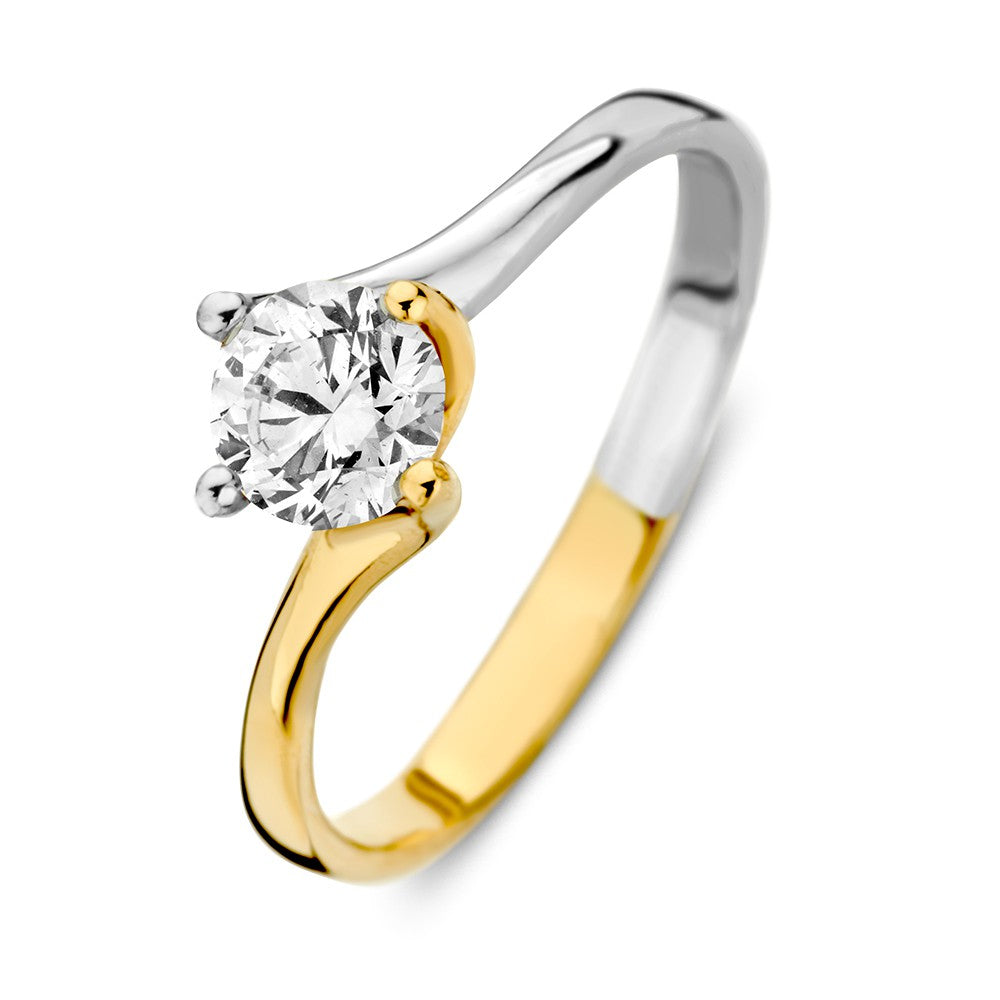 Bicolor Ring aus 14-Karat Weiß- und Gelbgold mit rundem Zirkonia-Stein