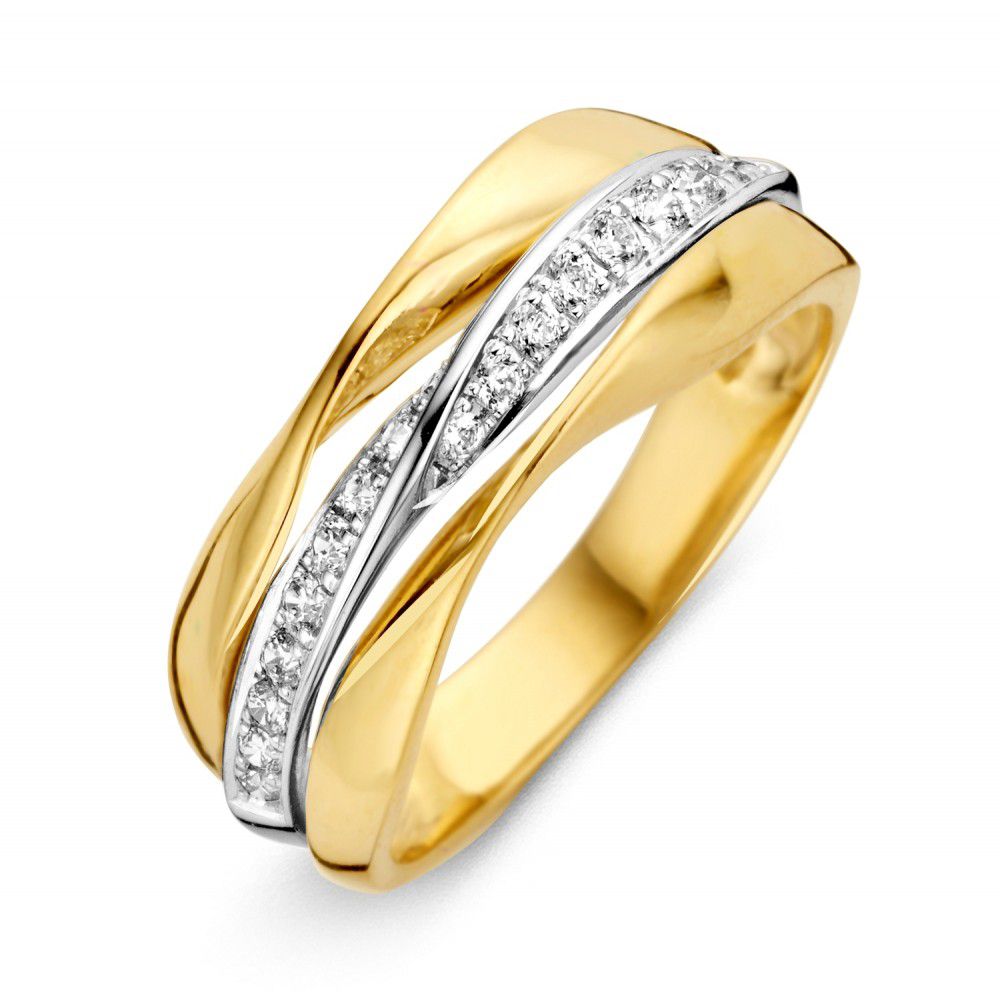 Breite Bicolor Damenring aus 14 Karat Gelb- und Weißgold mit Zirkonia-Steinen